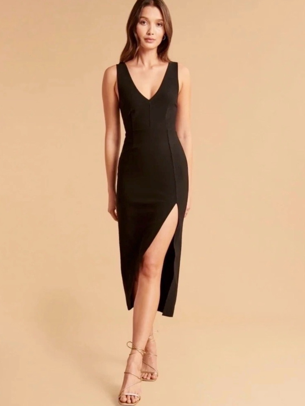 Abercrombie & Fitch Black Crepe Plunge V-Neck Side Slit Midi Dress Sz XXL